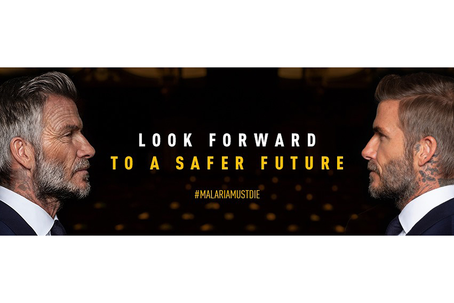 A one-minute video by Malaria No More UK starts off with an aged Beckham (left) bringing a message from the future, about how the disease has been hypothetically eradicated, and then segues into the current day Beckham (right).