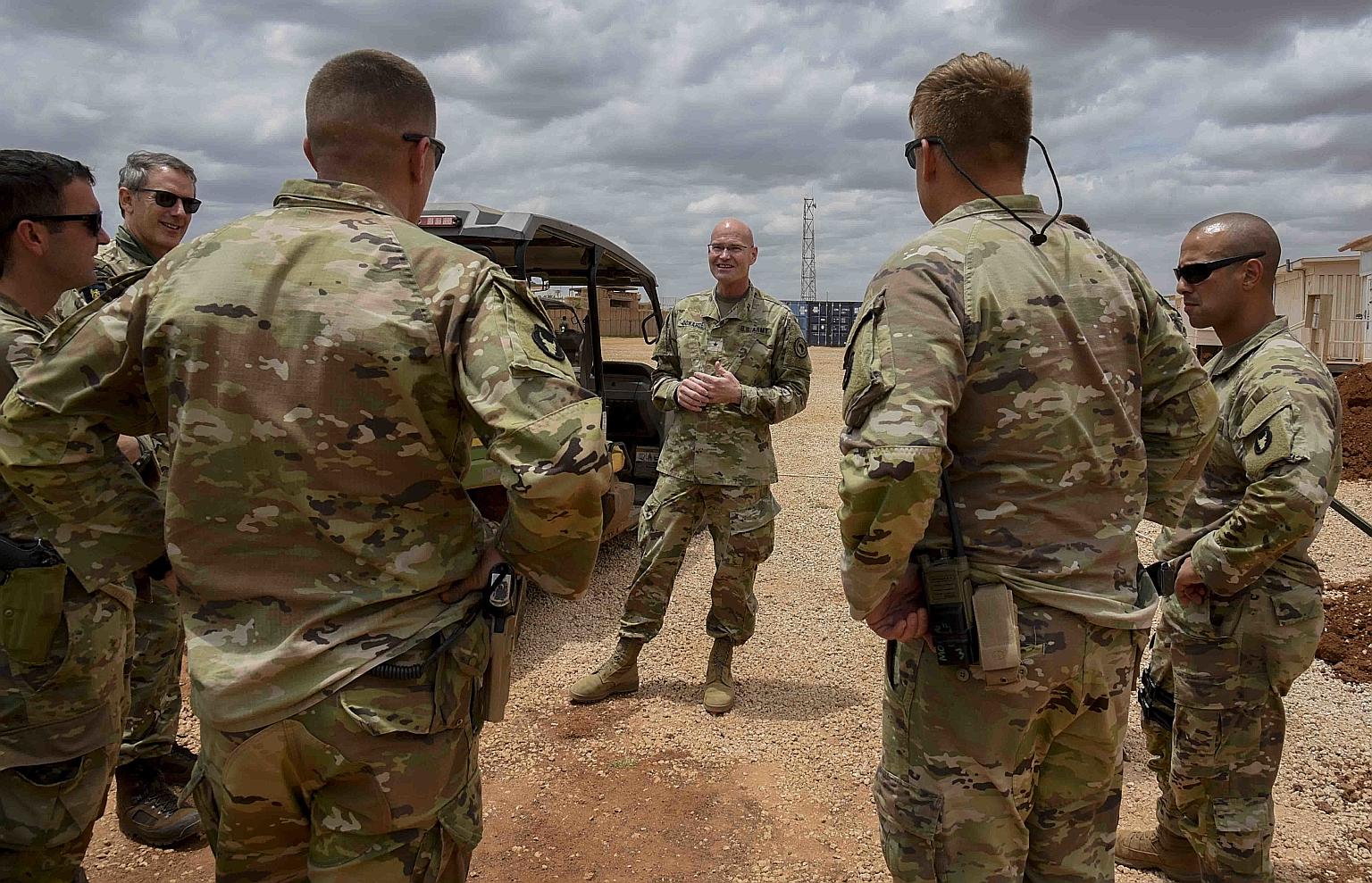 Brigadier-General Damian Donahoe (centre) with US Army soldiers in Somalia in September. US troops have mostly been supporting Somali special forces known as Danab in operations against Al-Shabaab, whose attacks in nations like Kenya and Uganda have 