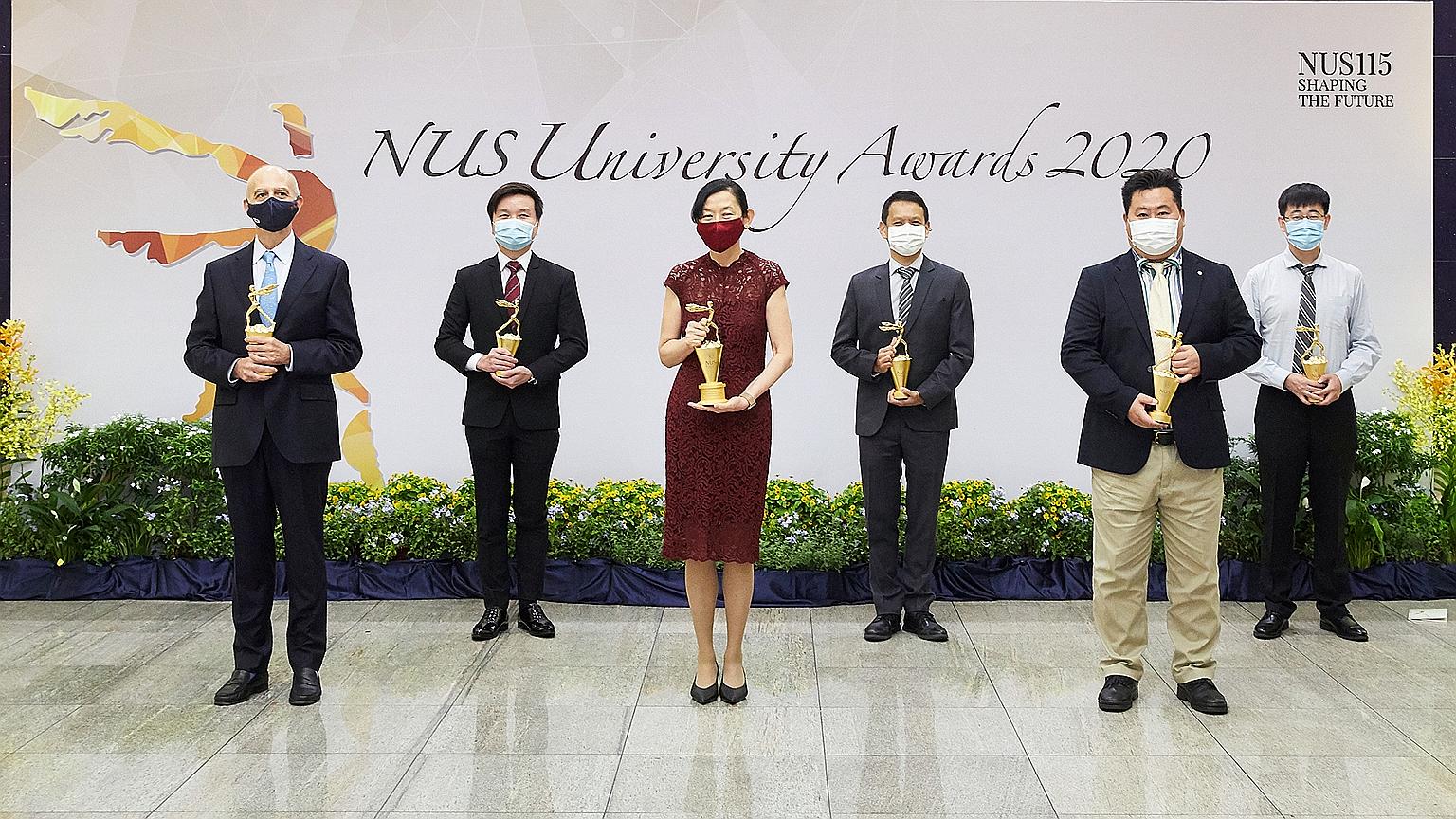 (From left) Professor Dario Campana, Associate Professor Stephen Lim, Professor Ivy Ng, Associate Professor Ho Han Kiat, Professor Dong Jin Song and Assistant Professor Feng Jiashi were among those honoured at this year's NUS University Awards. The s