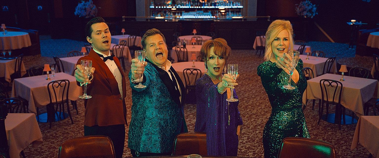 (Above from left) Andrew Rannells, James Corden, Meryl Streep and Nicole Kidman play failed Broadway stars who take up a cause to revive their careers in The Prom.