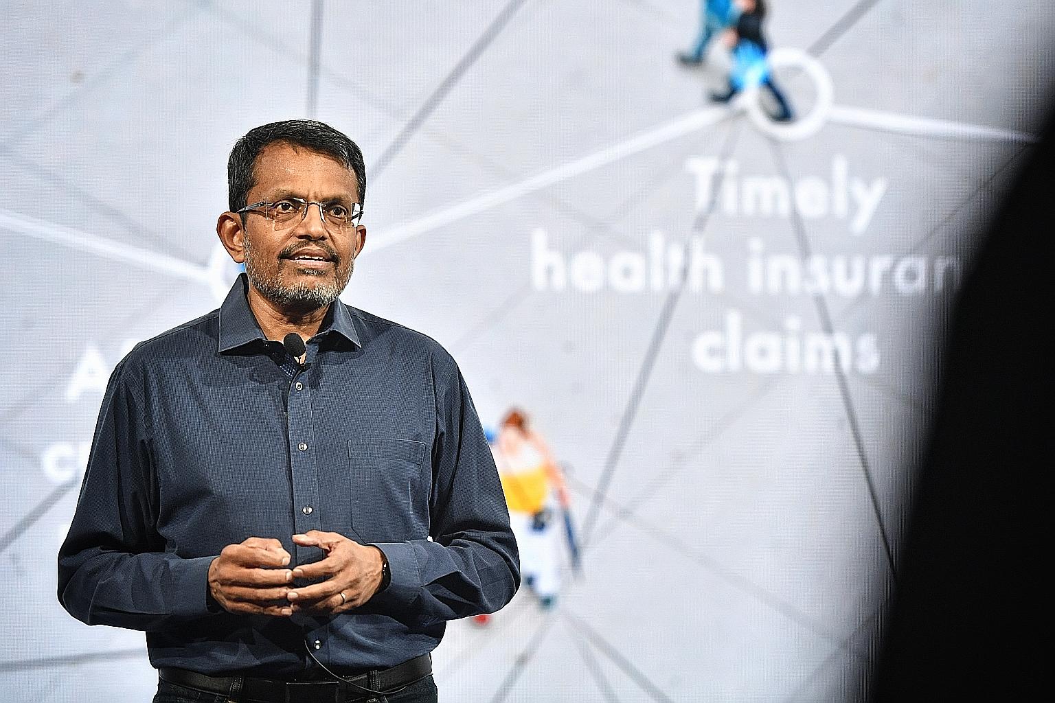 Mr Ravi Menon, managing director of the Monetary Authority of Singapore, speaking at the Singapore FinTech Festival yesterday. He noted how digital platforms can help small and medium-sized enterprises.