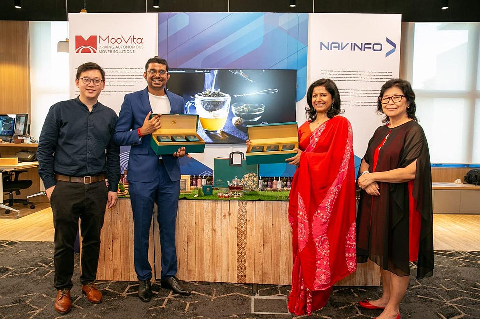 (From left) Co-founders of local food science and tech start-up Asmara, Mr Tho Pin Da and Mr Ramesh Krish Kumar, Sri Lankan High Commissioner to Singapore Sashikala Premawardhane and Ms Sally Chew, steward of GB Community Development, at the event la