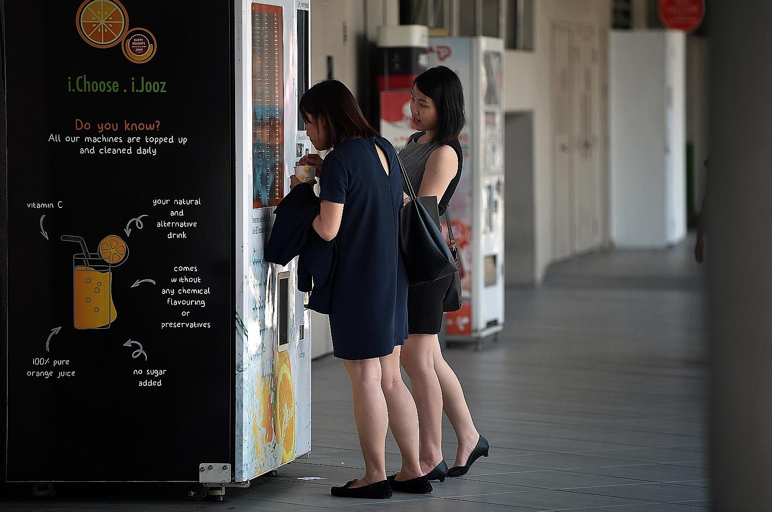 A vending machine from Fruits Vending in Tampines in 2018. The vending machine manufacturer and operator was among three businesses that were honoured yesterday at the Emerging Enterprise Award 2020 for showing an enterprising mindset and displaying 