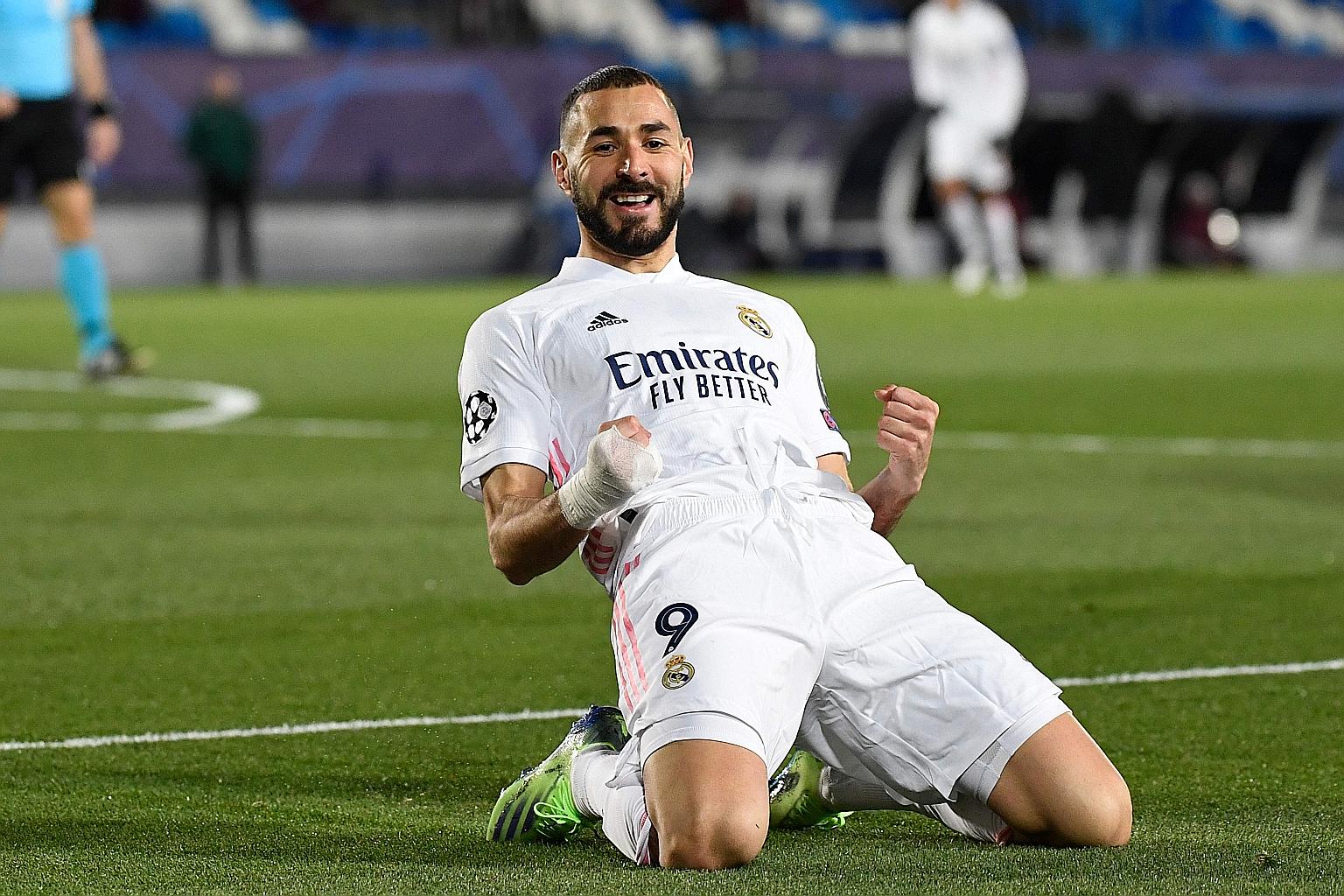 Real Madrid's French forward Karim Benzema celebrating after scoring against Borussia Monchengladbach on Wednesday.