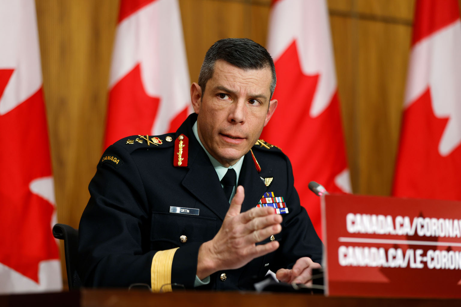 Major-General Dany Fortin, vice-president of logistics and operations at the Public Health Agency of Canada, at a news conference in Ottawa on Monday. Shipments of Pfizer's Covid-19 vaccine are set to start arriving in the country next week. PHOTO: R