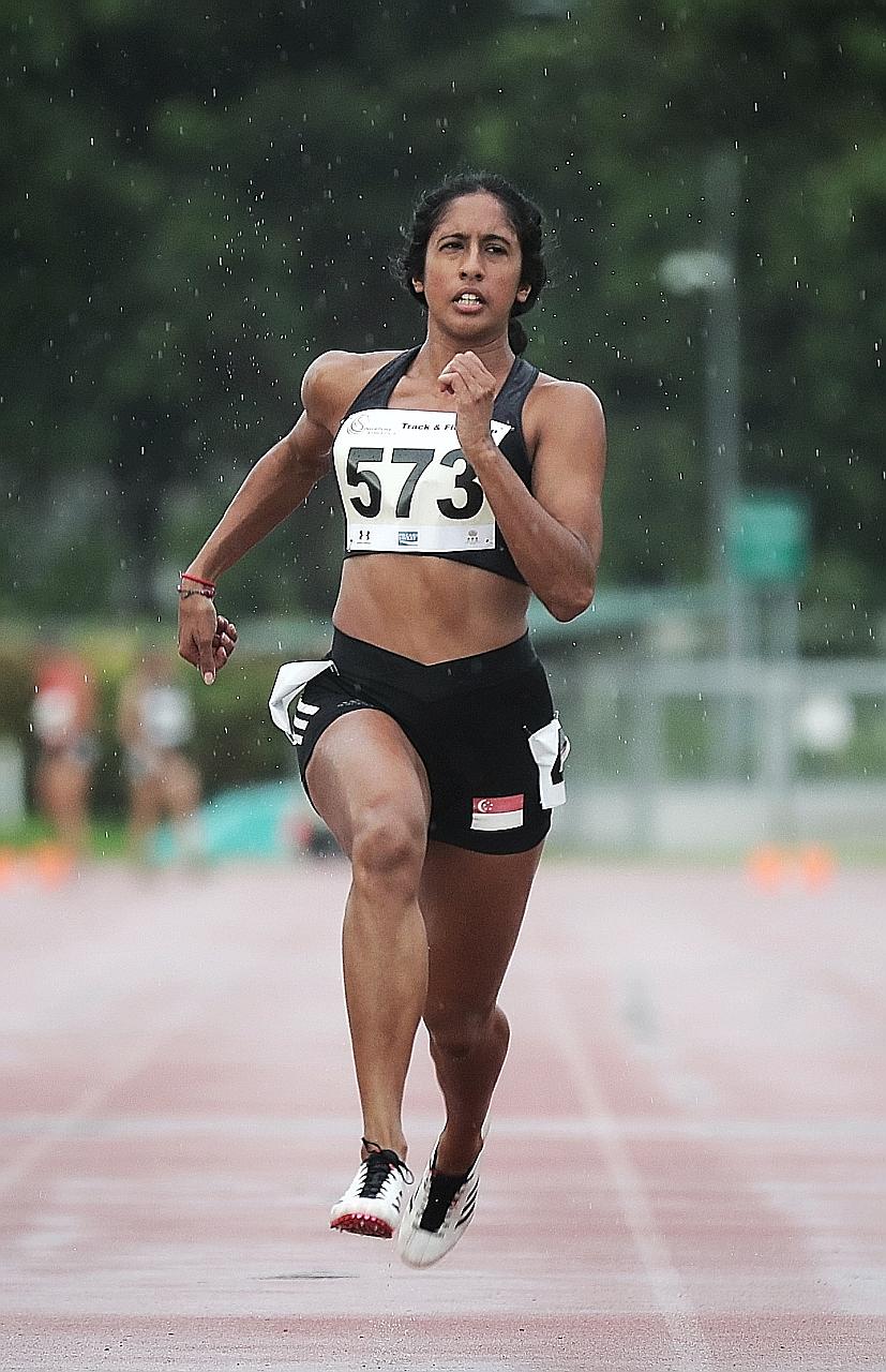 Shanti Pereira clocking 11.69sec in the 100m at the Singapore Athletics Performance Trial 2 at the Home of Athletics yesterday. It was just behind her bronze-medal time at the 2019 SEA Games in the Philippines.
