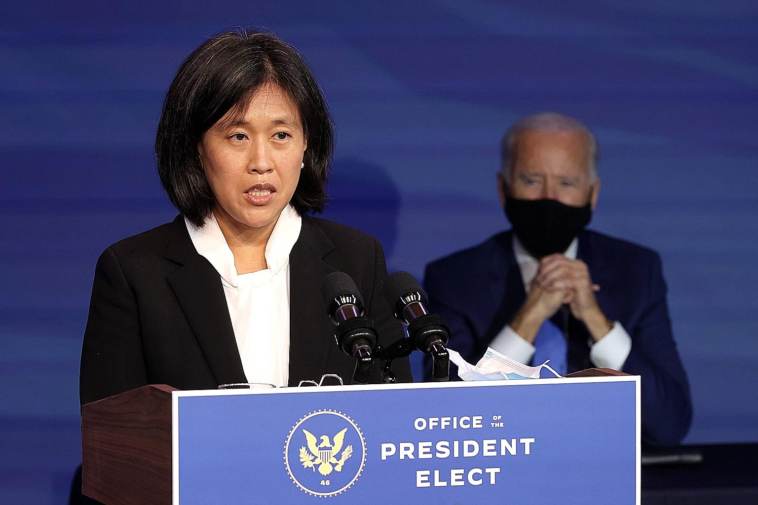 Ms Katherine Tai, President-elect Joe Biden's nominee for the post of US Trade Representative, speaking at the Queen Theatre in Delaware on Friday, after being introduced by him. If confirmed by the Senate, Ms Tai - whose parents were born in mainlan