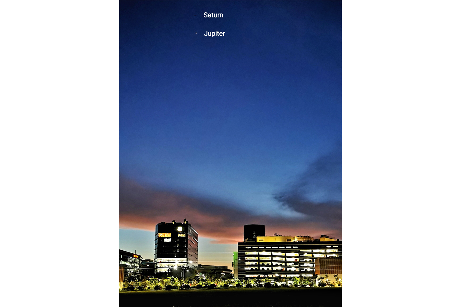 A photo of Saturn and Jupiter, the solar system's two largest planets, in the night sky, captured from Woodlands early this month. PHOTO: A. KANNAN