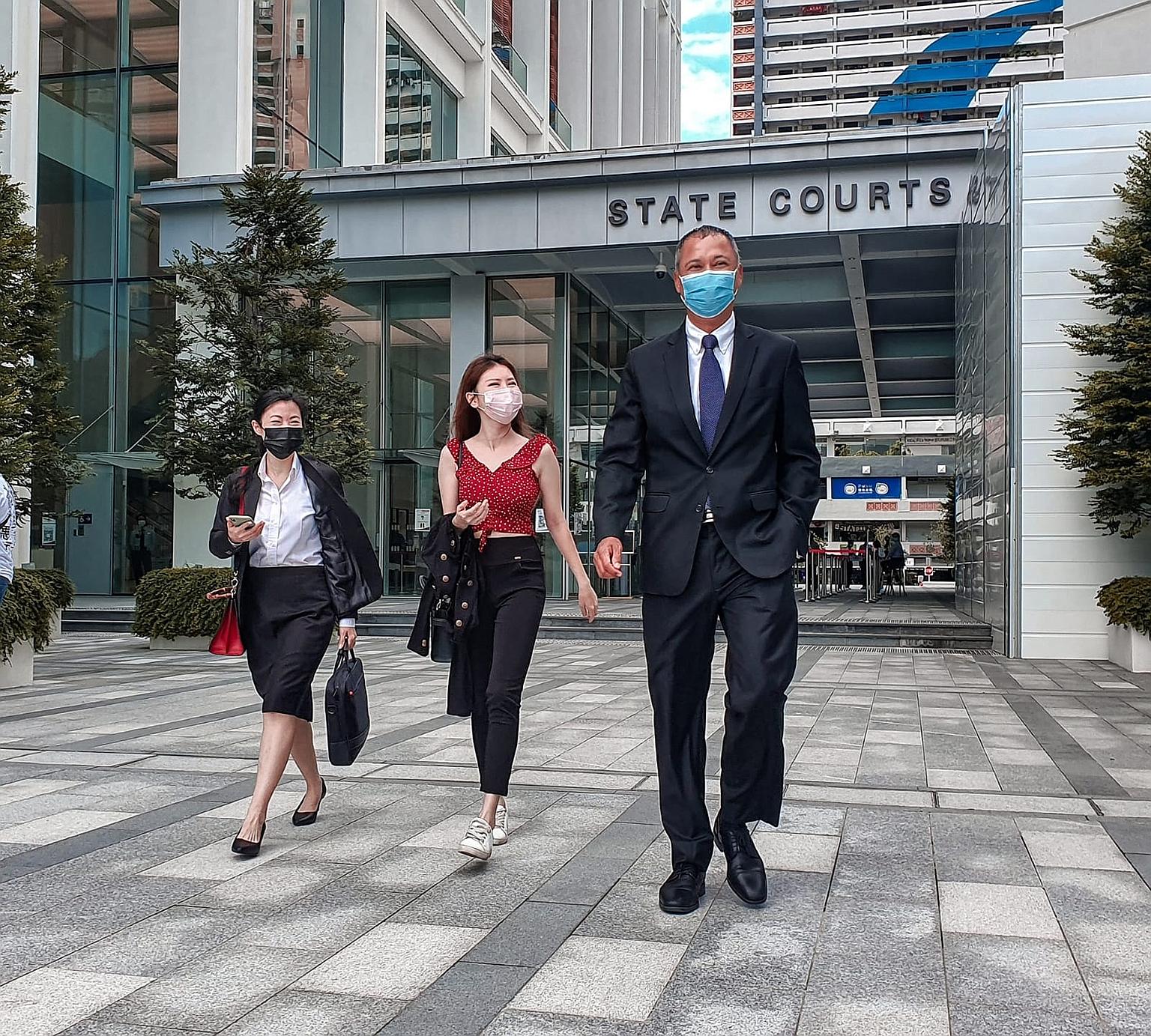 Blogger Vaune Phan (centre), flanked by her lawyers Cherisse Foo and Suresh Divyanathan, on Tuesday. After a trial, the court found that the social media personality had been defamed by Mr Mark Yeow last year.