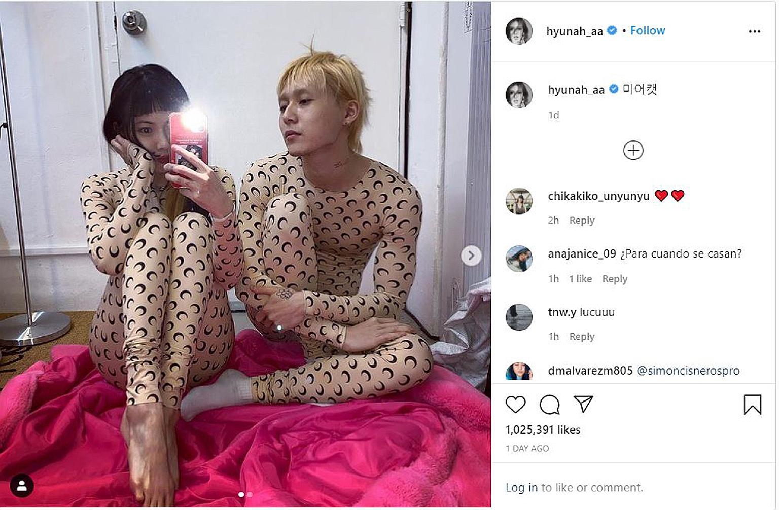 TWINNING WITH LEOTARDS: Many couples display their affection by wearing identical or coordinated outfits, but K-pop couple Hyuna and Dawn have taken it to another level by wearing matching leotards. On Monday, Hyuna, 28, posted on Instagram two phot