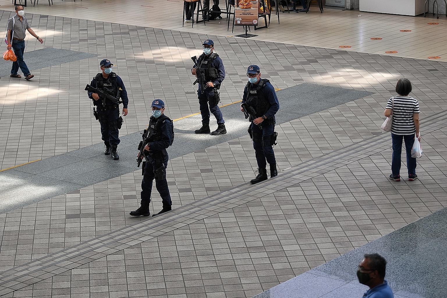 Emergency Response Team officers on patrol in Toa Payoh last month. Police patrols - including those by quick-response counter-terrorism teams - have intensified since September, following terror incidents in Europe. ST PHOTO: KUA CHEE SIONG