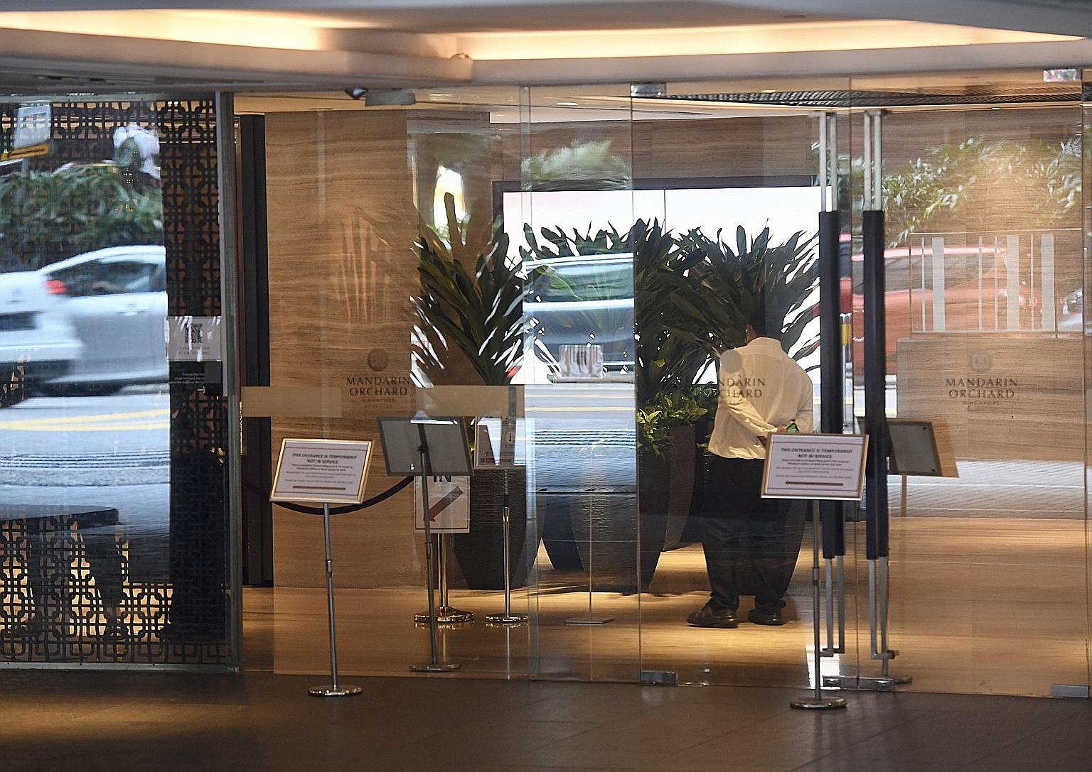 The Mandarin Orchard Singapore hotel lobby remained closed to visitors yesterday. Special testing operations to test all individuals and staff at the hotel have been completed, said the Ministry of Health.