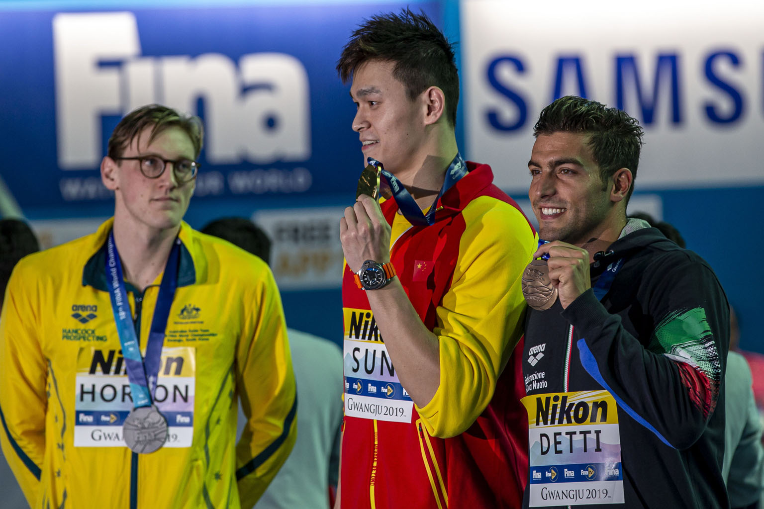 Australian Mack Horton refusing to share the podium at last year's world championships with 400m winner Sun Yang. Sun was later snubbed by a British medallist, Duncan Scott, on the podium after winning the 200m. PHOTO: EPA-EFE