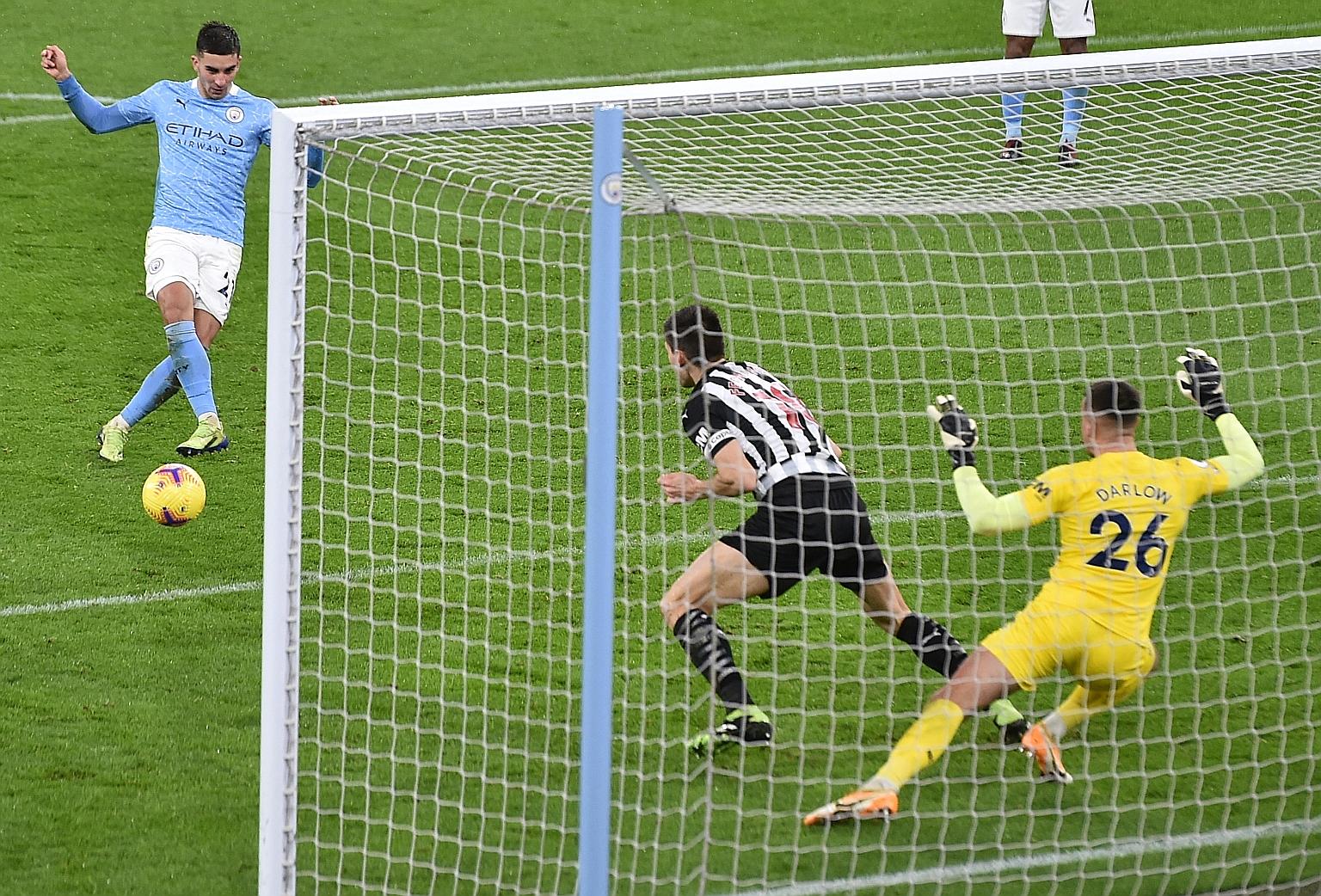 Ferran Torres about to score City's second goal in their 2-0 win over Newcastle. They have stiff tests against Everton and Chelsea coming up.
