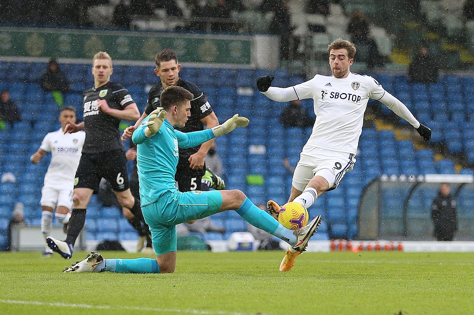Leeds' Patrick Bamford being brought down by Burnley goalkeeper Nick Pope to earn a penalty, which he tucked away for the winning goal.