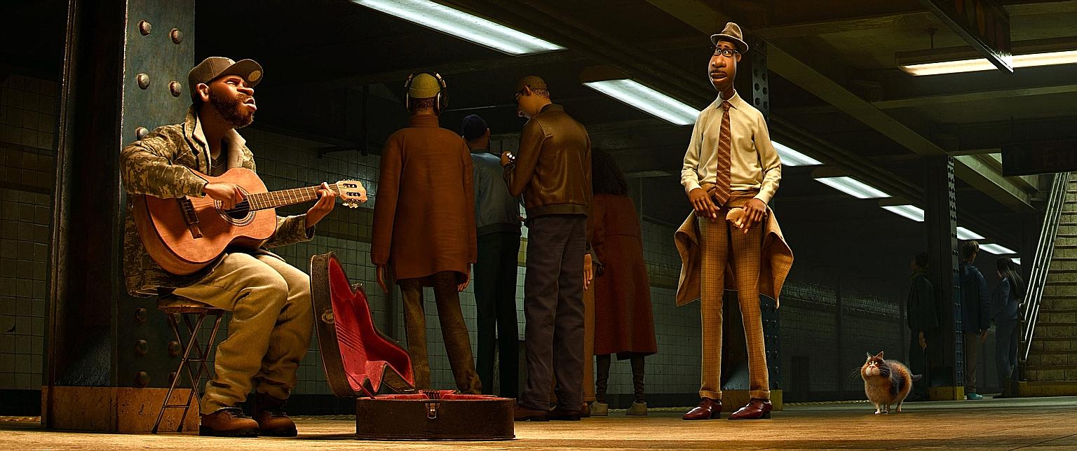 Soul follows Joe Gardner (right, voiced by Jamie Foxx), a school band teacher by day and a talented but unsuccessful jazz pianist by night.