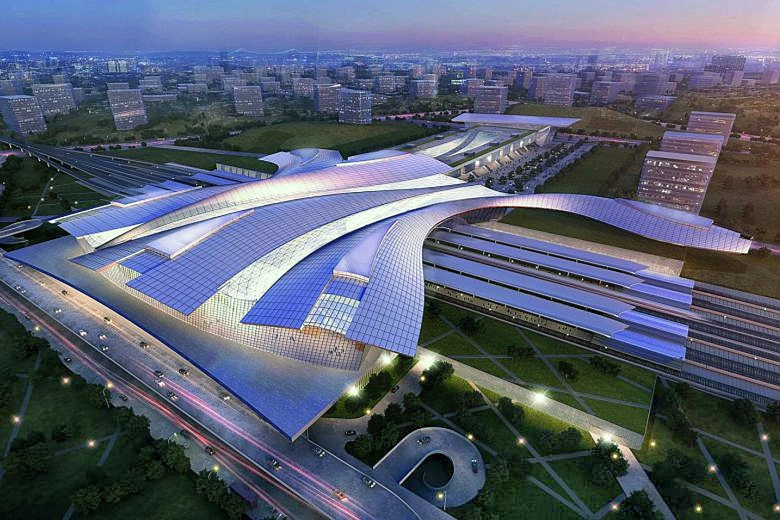 An artist's impression of the planned Iskandar Puteri high-speed rail (HSR) station in Johor. There has been speculation that the Malaysian government will continue with the HSR project, with its terminal station in Johor Baru. PHOTO: EDELMAN