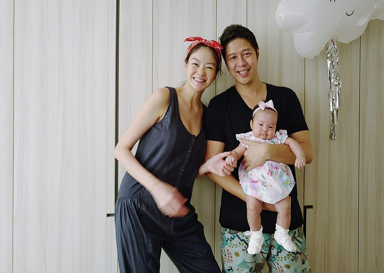 Left: Actress Sheila Sim with her bank executive-husband Deon Woo and their baby Layla. Right: Singers Tay Kewei and Alfred Sim with their first son Momo, three, and second son Xiao Pian Pian.