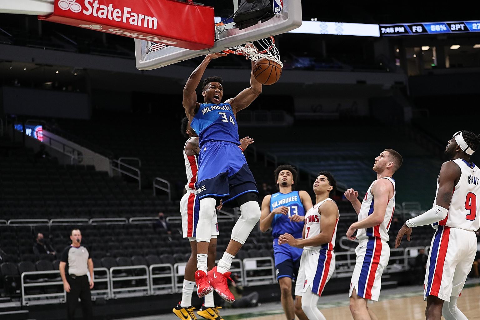 Milwaukee Bucks forward Giannis Antetokounmpo dunking against the Detroit Pistons during their 125-115 win on Monday. The two-time Most Valuable Player scored a game high of 43 points against the visitors.