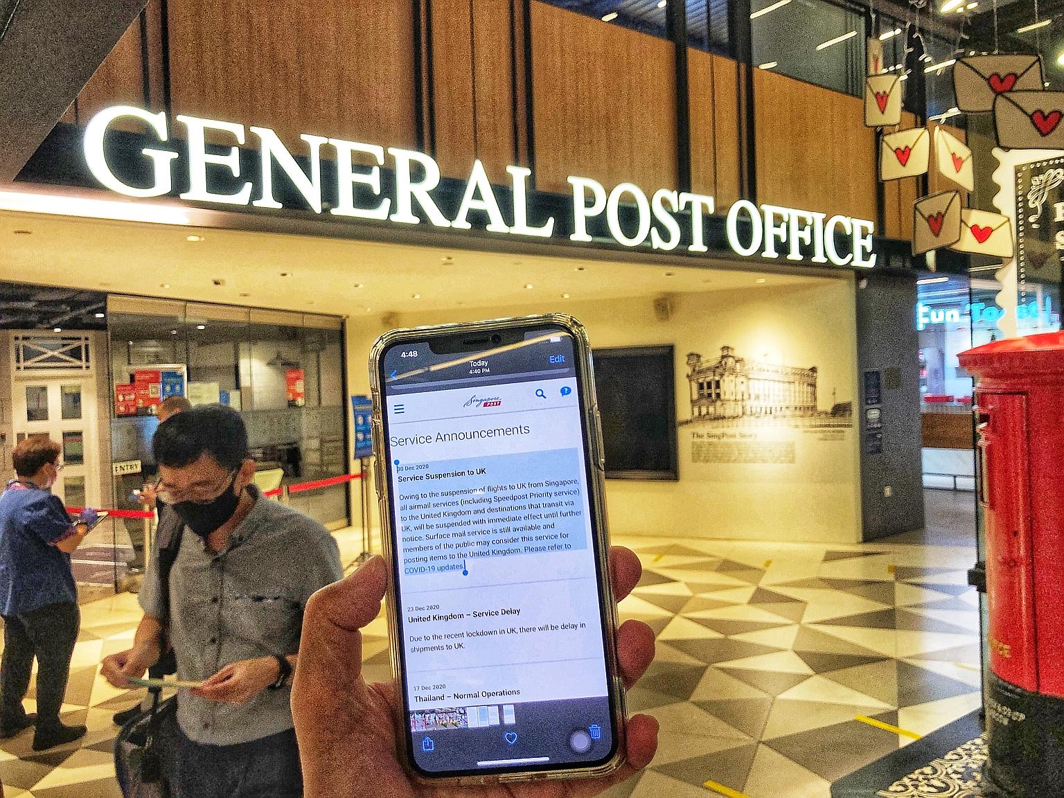 SingPost said the suspension of airmail services to the United Kingdom and destinations that transit via the country was due to the suspension of flights going there from Singapore. This comes as the worsening coronavirus situation in the UK led to b