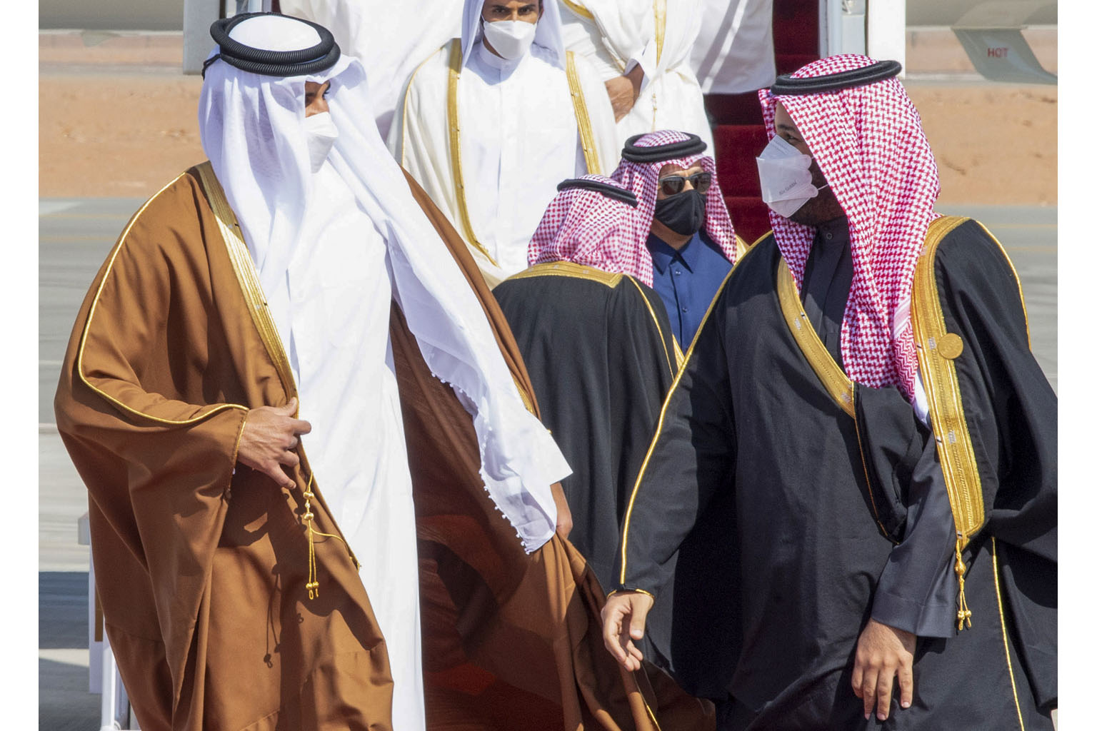 Saudi Crown Prince Mohammed bin Salman (right) welcoming Qatari leader Sheikh Tamim bin Hamad Al-Thani on his arrival in the city of Al-Ula, in north-western Saudi Arabia, yesterday for the 41st Gulf Cooperation Council summit. PHOTO: AGENCE FRANCE-P