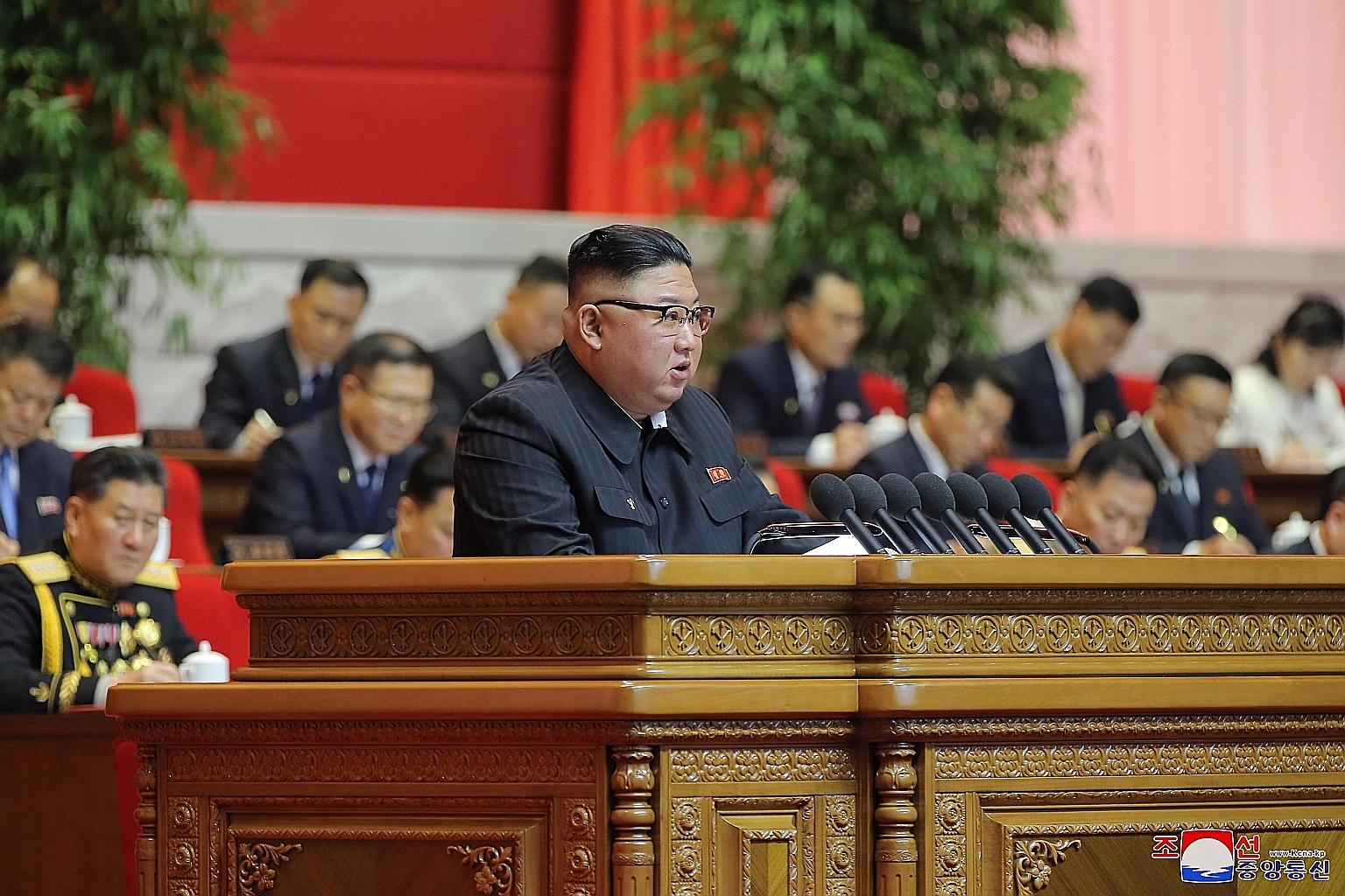 A photo from KCNA showing Mr Kim Jong-un speaking at the 8th Congress of the Workers' Party of Korea on Tuesday. PHOTO: EPA-EFE
