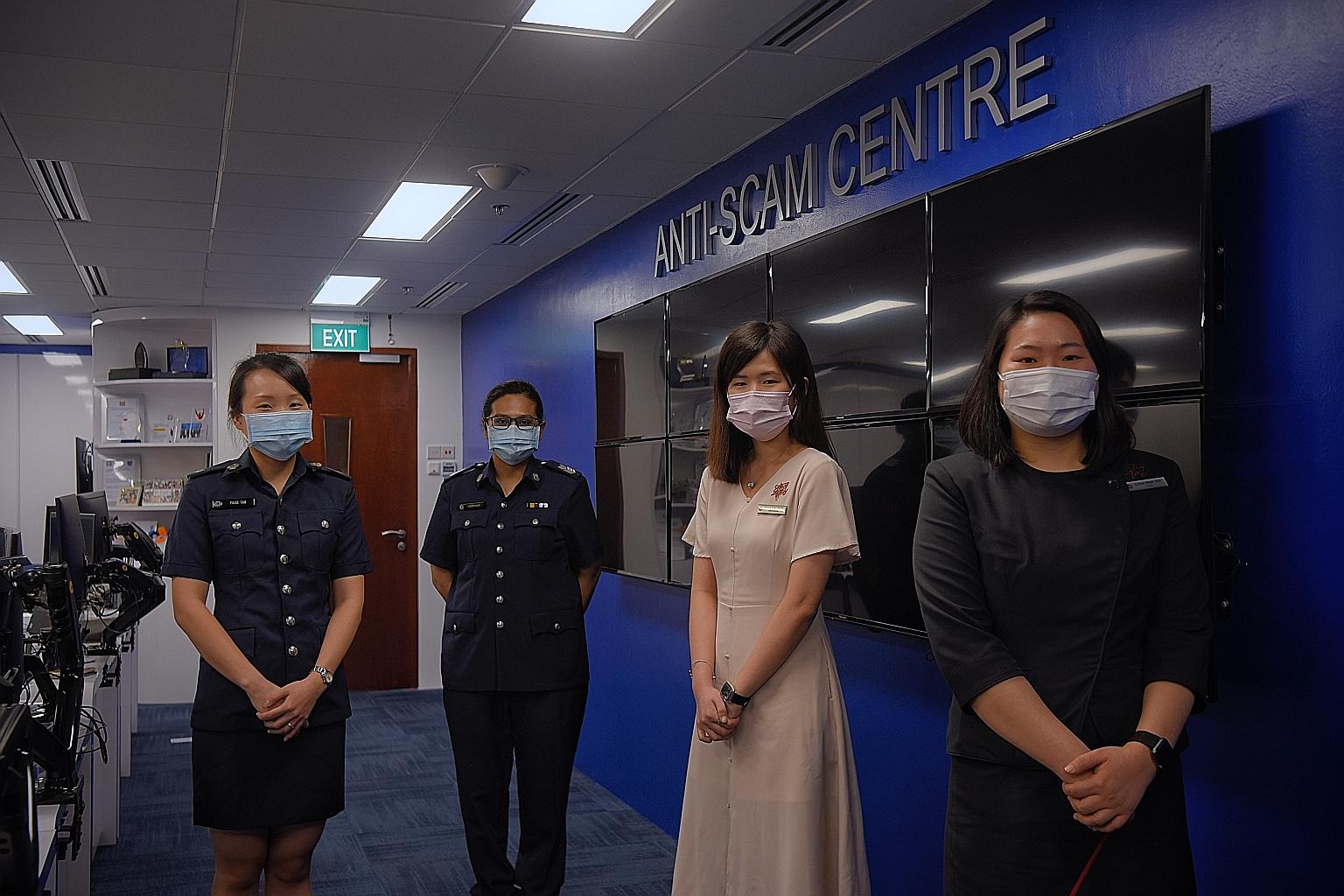 From left: Assistant Superintendent Paige Tan of the Commercial Affairs Department's Anti-Scam Centre, Clementi Division Investigation Branch Senior Staff Sergeant Mazniyante Abdul Rashid, OCBC Bank service officer Jayce Lim and bank teller Chua Wen