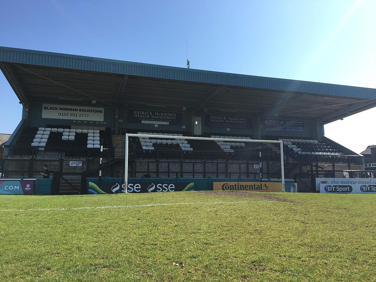 One of the stands at eighth-tier club Marine FC, whose modest home ground in Crosby will be empty due to the coronavirus lockdown for the visit of Tottenham in the third round of the FA Cup today.