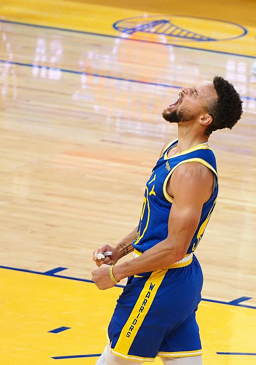Golden State Warriors guard Stephen Curry after a three-point basket against the Los Angeles Clippers at the Chase Centre on Friday. He hit 13 of his 24 shots and nine of his 14 three-point attempts to help the Warriors avenge their loss on Wednesday