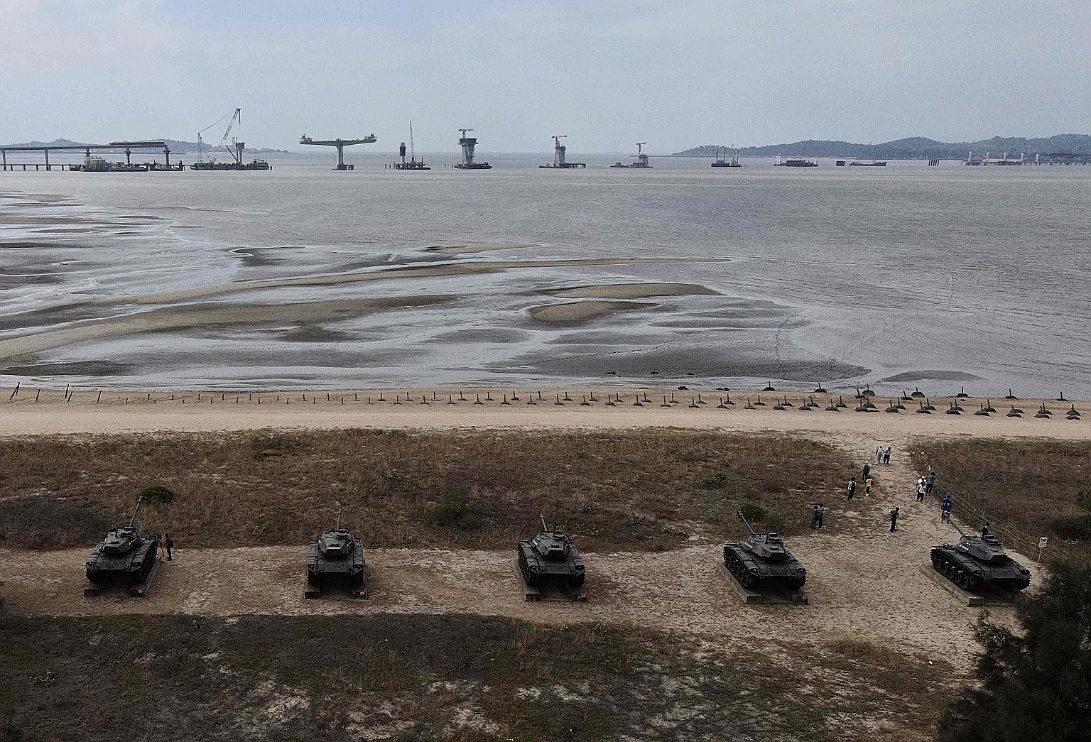 An aerial view from last October of anti-landing spikes and retired tanks placed along the coast of Taiwan's Kinmen islands, which lie just 3.2km from mainland China in the Taiwan Strait. The latest US move means Taiwanese and US officials no longer 