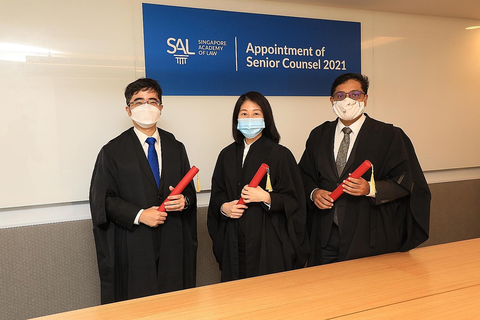 (From left) Professor Goh Yihan, Ms Kristy Tan and Mr Abraham Vergis were appointed as senior counsel yesterday. Their appointments bring the number of senior counsel in Singapore to 91.