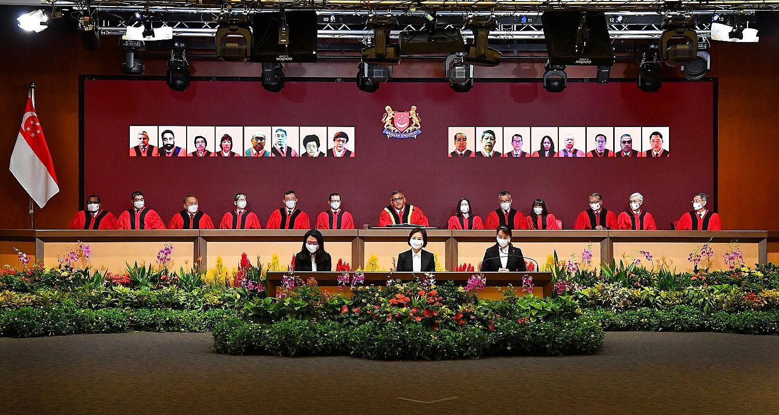 Chief Justice Sundaresh Menon (centre) delivering a speech to mark the opening of the legal year. The event was conducted virtually for the first time, with the proceedings live-streamed to about 1,000 participants.