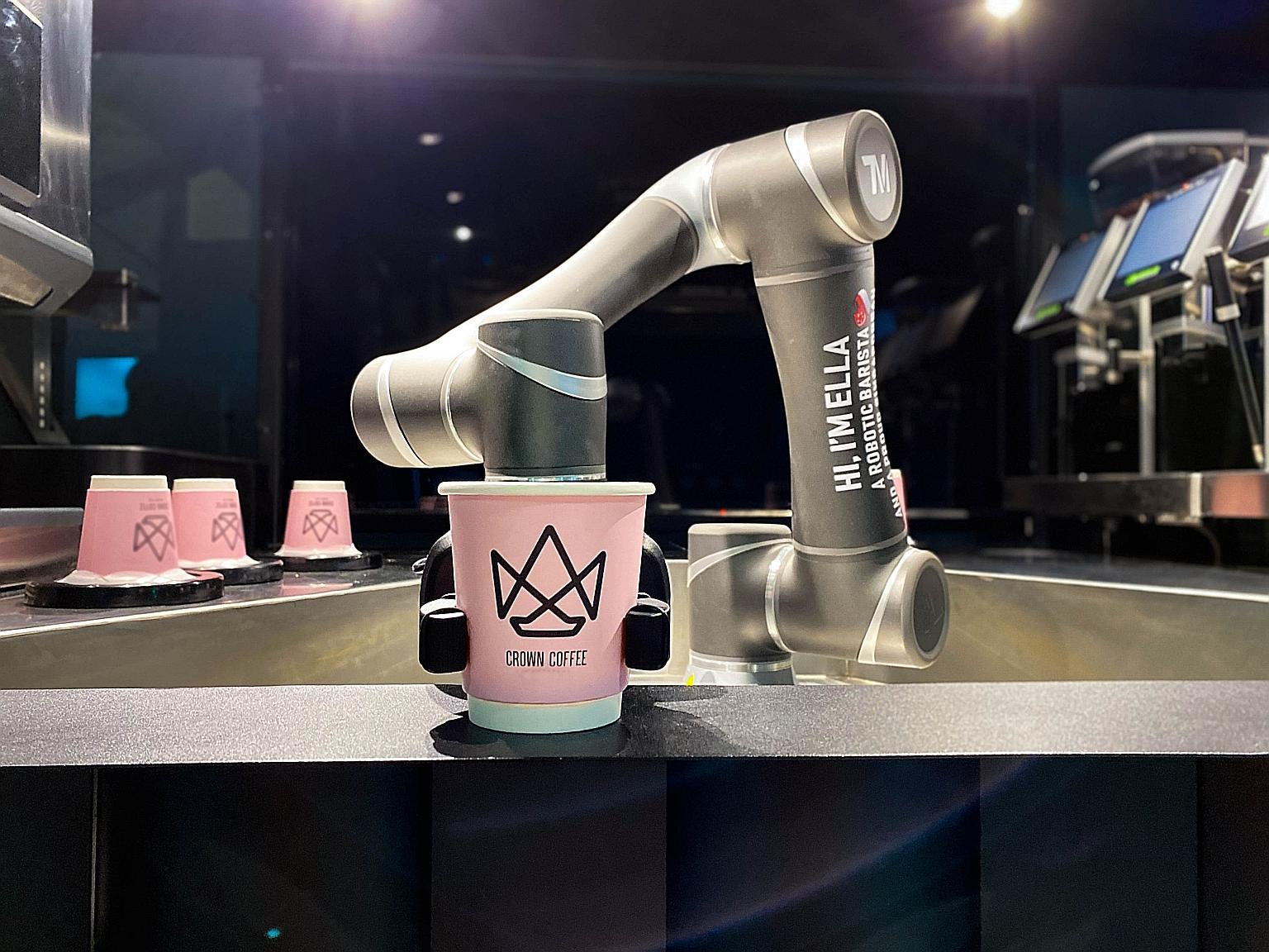 Crown Technologies' robot barista can make up to 200 cups of coffee an hour. It is monitored 24/7 to ensure there are no abnormalities, and uses predictive analytics to forecast demand, making it easier to plan replenishments and servicing of the kio