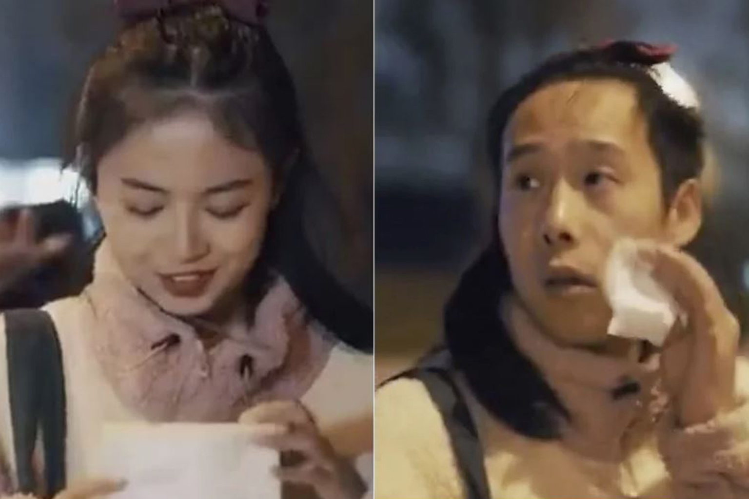 Screenshots from the video advertisement by Chinese cotton products manufacturer PurCotton. The ad shows a woman walking home at night followed by a male stalker. As he gains on her, she uses the company's make-up wipes, transforming into a man and s