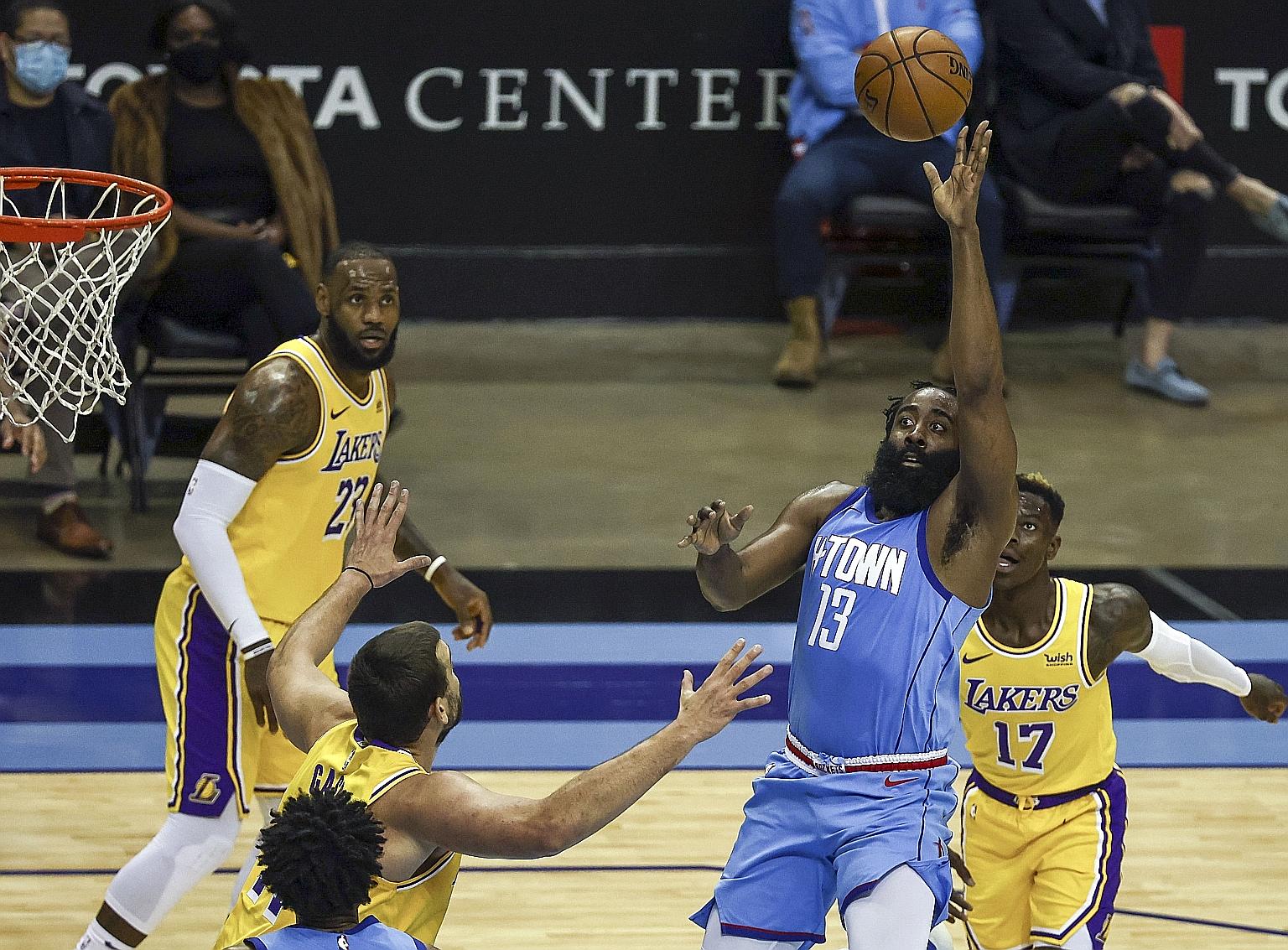 Houston Rockets guard James Harden attempting a shot against the Los Angeles Lakers on Tuesday. The Rockets lost 117-100 and dropped to 3-6. They are second from bottom in the Western Conference, just ahead of the Minnesota Timberwolves (3-7).