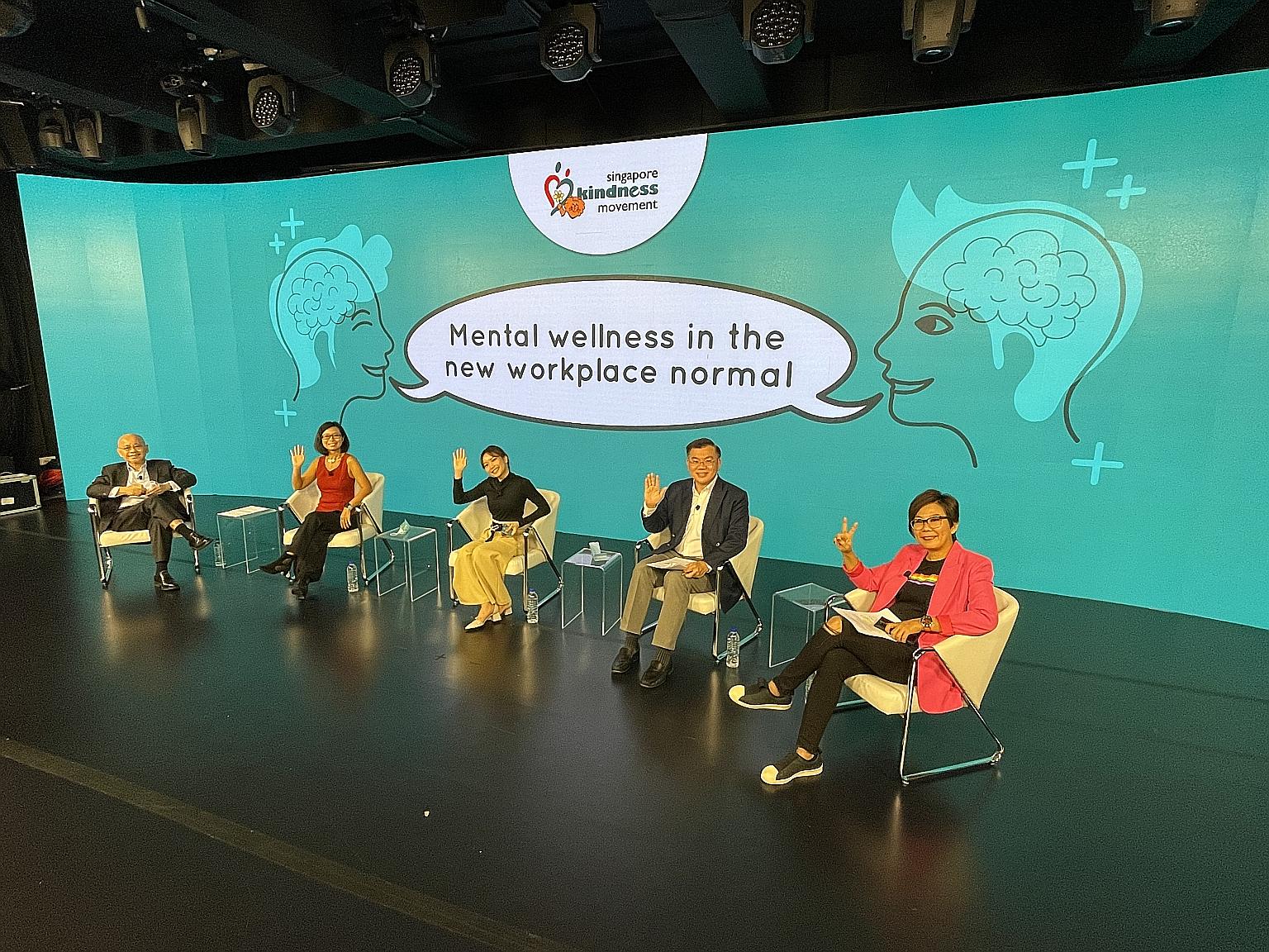 (From left) Singapore Kindness Movement general secretary and moderator William Wan with entrepreneur and professional speaker Wong Su-Yen, non-profit Club Heal counsellor Nabiilah Hanifah, NUS Yong Loo Lin School of Medicine's Associate Professor Jo