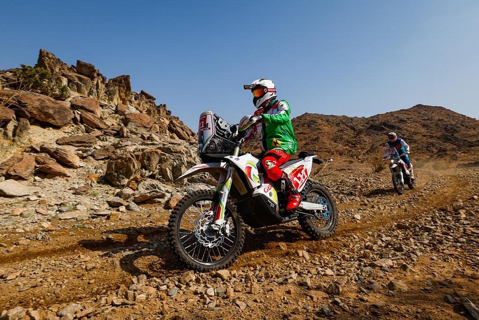 Pierre Cherpin on his motorcycle in the first stage of the Dakar Rally. He died yesterday from his injuries after he crashed in last Sunday's seventh stage.