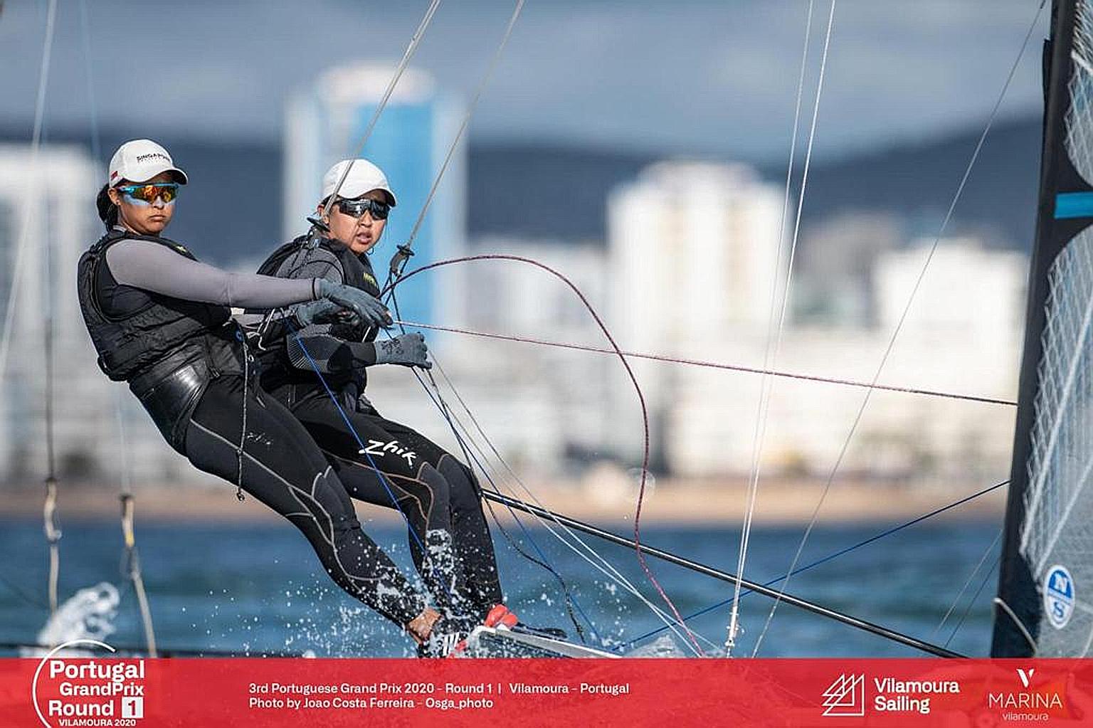 Asian Games champs Cecilia Low (left) and Kimberly Lim competing in the Portuguese Grand Prix last year in Vilamoura, Portugal. PHOTO: COURTESY OF JOAO COSTA FERREIRA