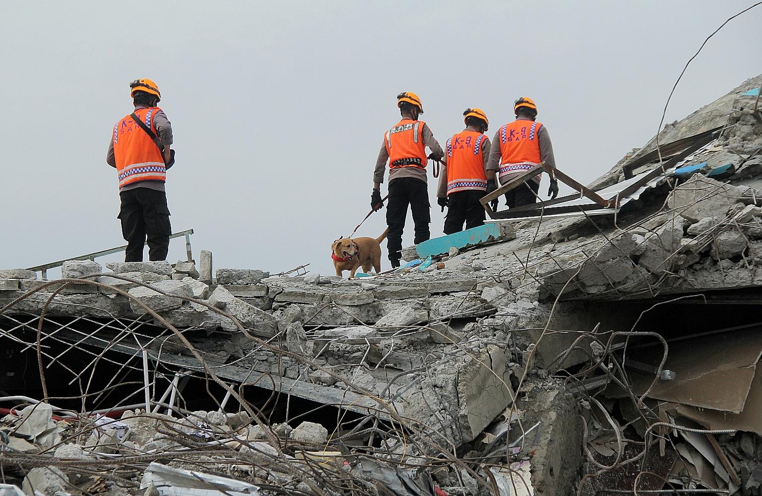 Police officers with a sniffer dog inspecting a collapsed hospital building in Mamuju in West Sulawesi province yesterday after last Friday's 6.2-magnitude quake. There were over 820 people injured in addition to the fatalities.