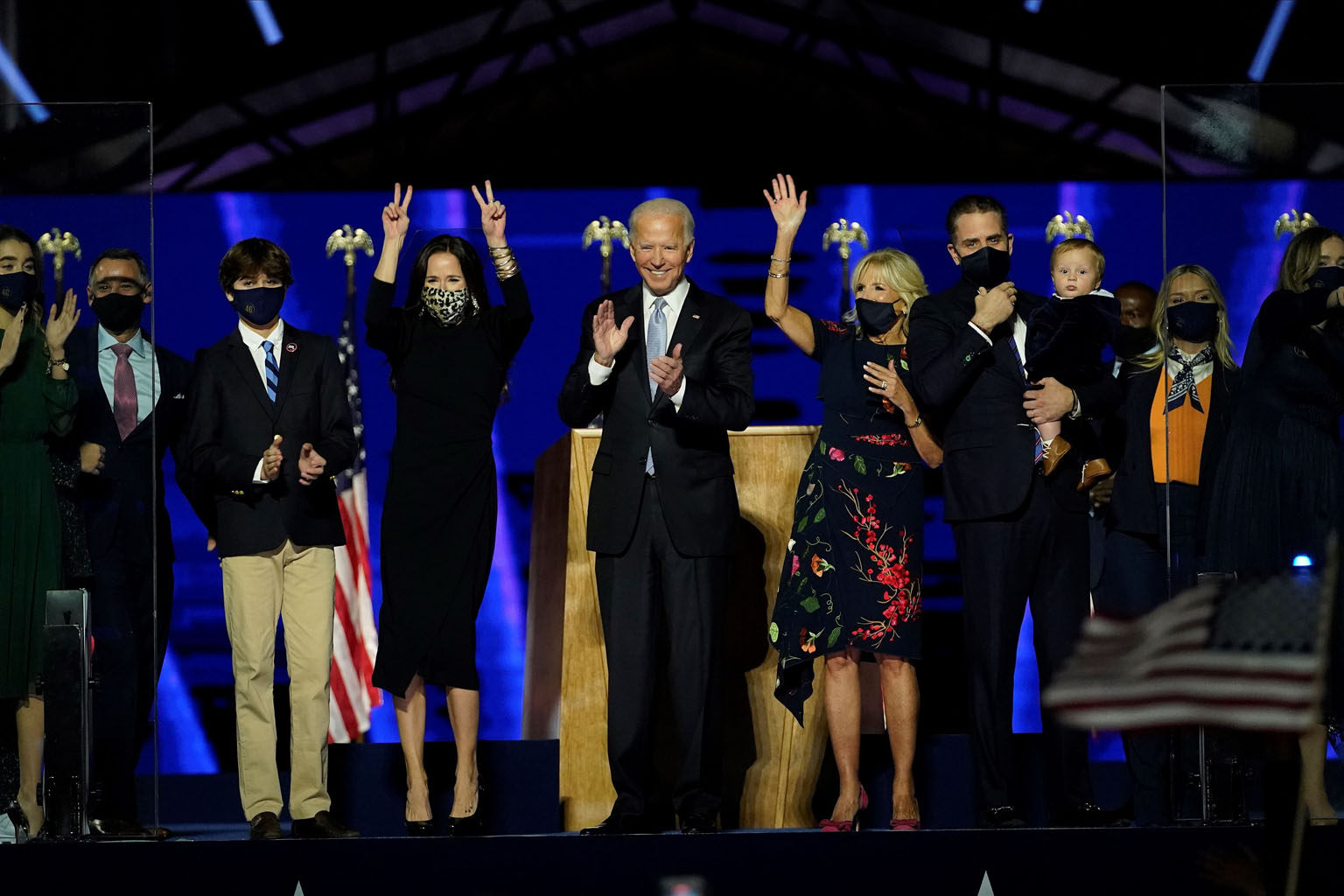 US President-elect Joe Biden with his wife Jill (both centre) and members of their family saluting the crowd in Wilmington, Delaware, on Nov 7, days after the presidential election.