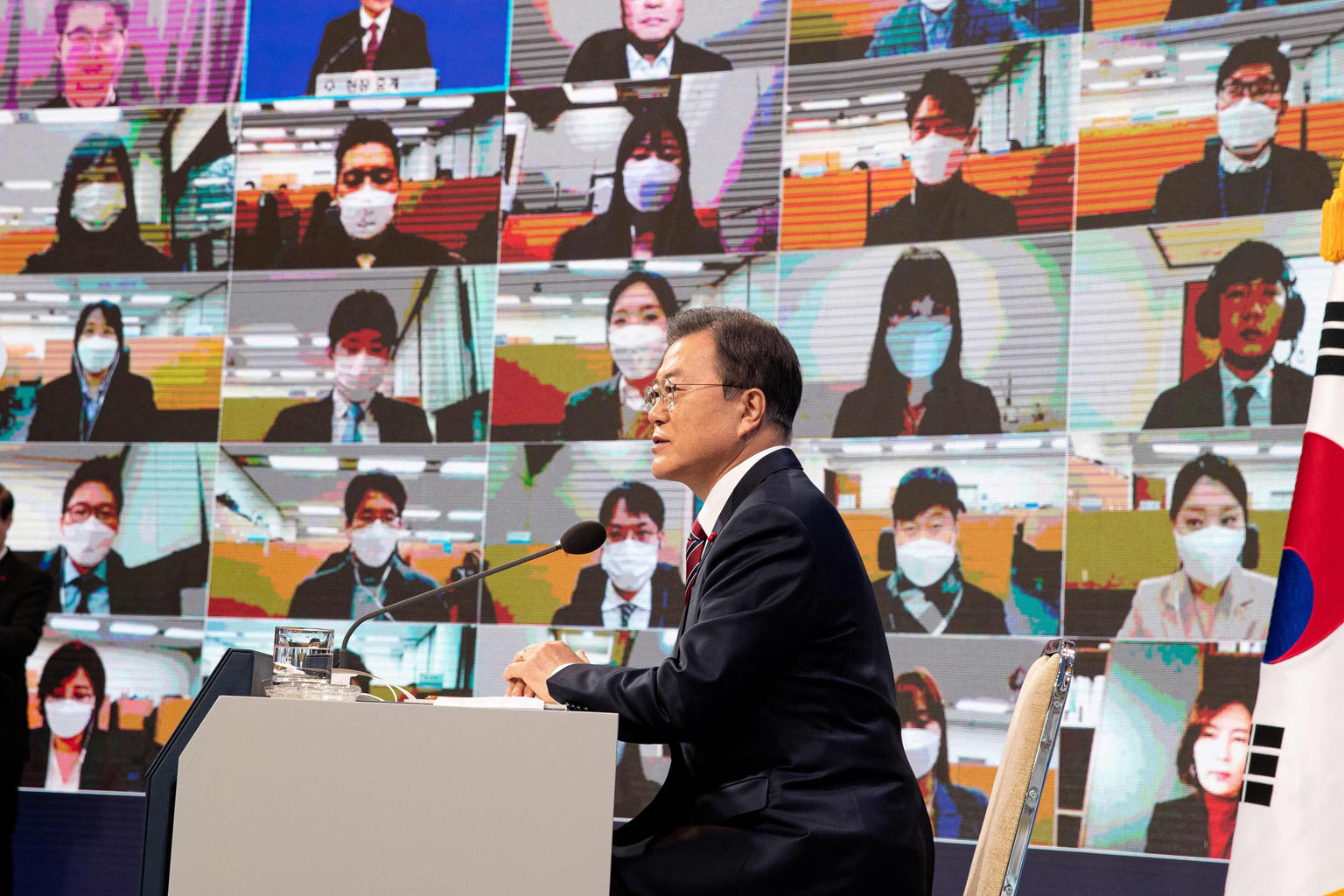 President Moon Jae-in at his New Year press conference in Seoul yesterday. He said South Korea will probably achieve Covid-19 herd immunity quicker than its neighbours.