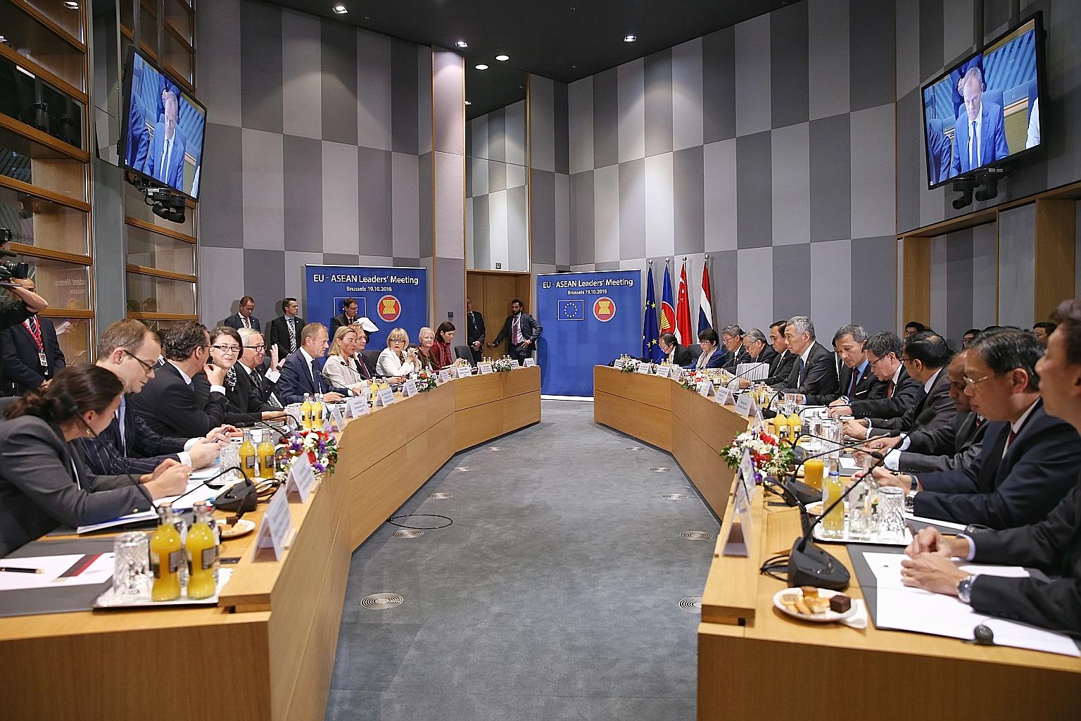 Prime Minister Lee Hsien Loong (seventh from right) and Foreign Minister Vivian Balakrishnan (sixth from right) with European and Asean leaders at the Asia-Europe Meeting in Brussels in 2018. A panellist at yesterday's Singapore Perspectives conferen