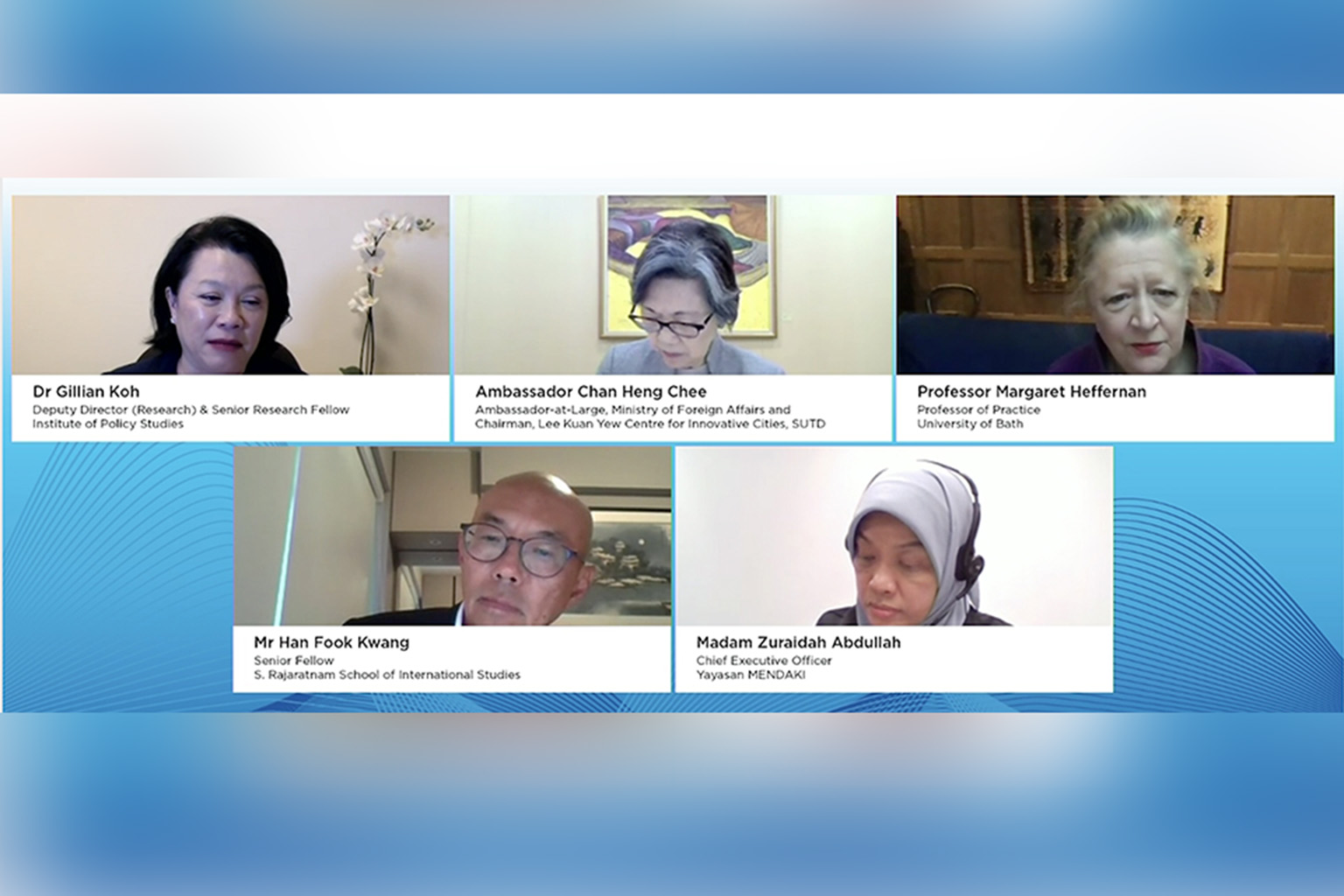 (Clockwise from top left) Dr Gillian Koh, deputy director (research) at the Institute of Policy Studies, moderating The Values and Qualities of Leadership discussion. The panellists were Singapore's Ambassador-at-Large Chan Heng Chee, University of B