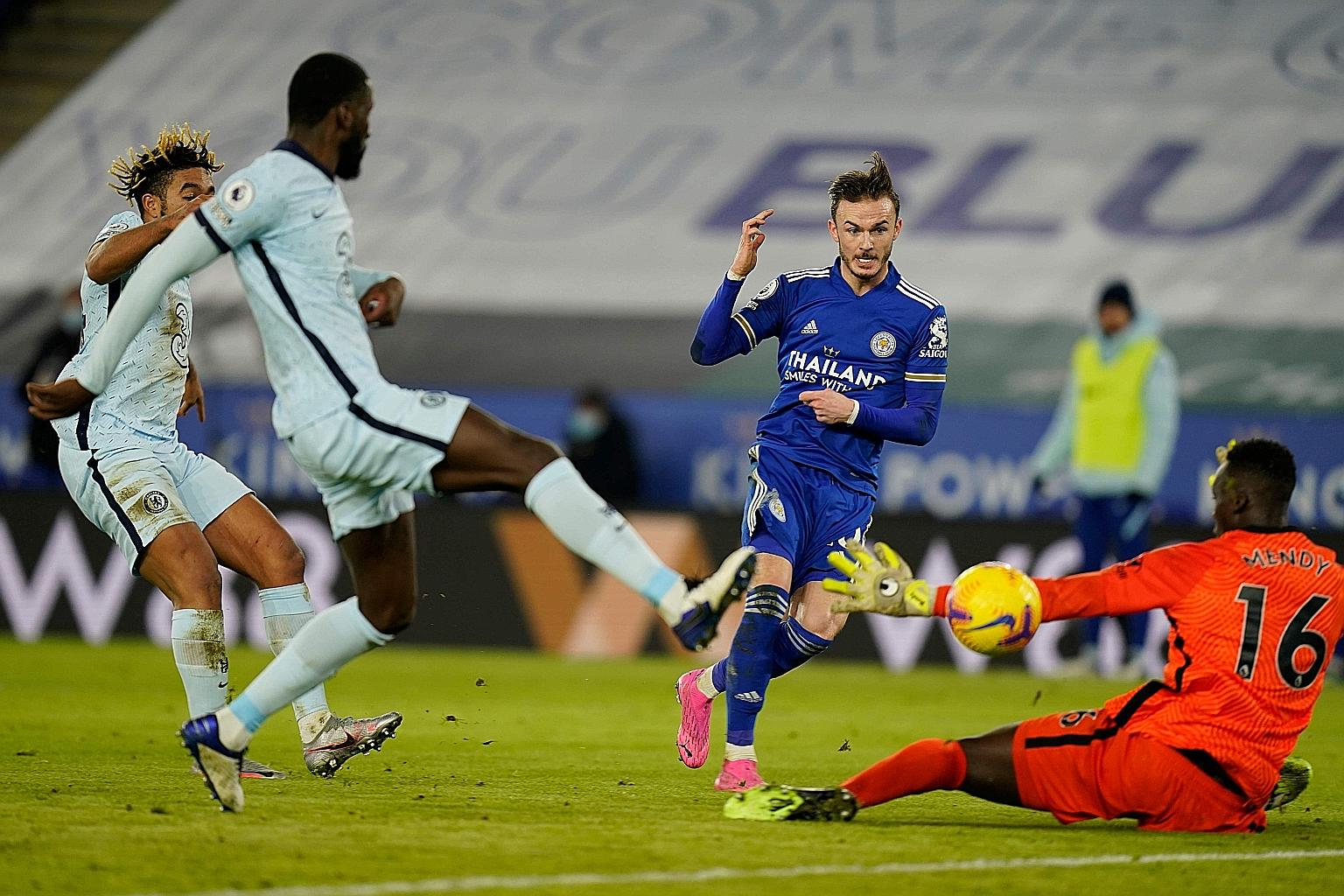 Midfielder James Maddison scoring Leicester's second goal against Chelsea at the King Power Stadium on Tuesday. It marked the first time in his career that he netted in three straight league games. PHOTO: AGENCE FRANCE-PRESSE