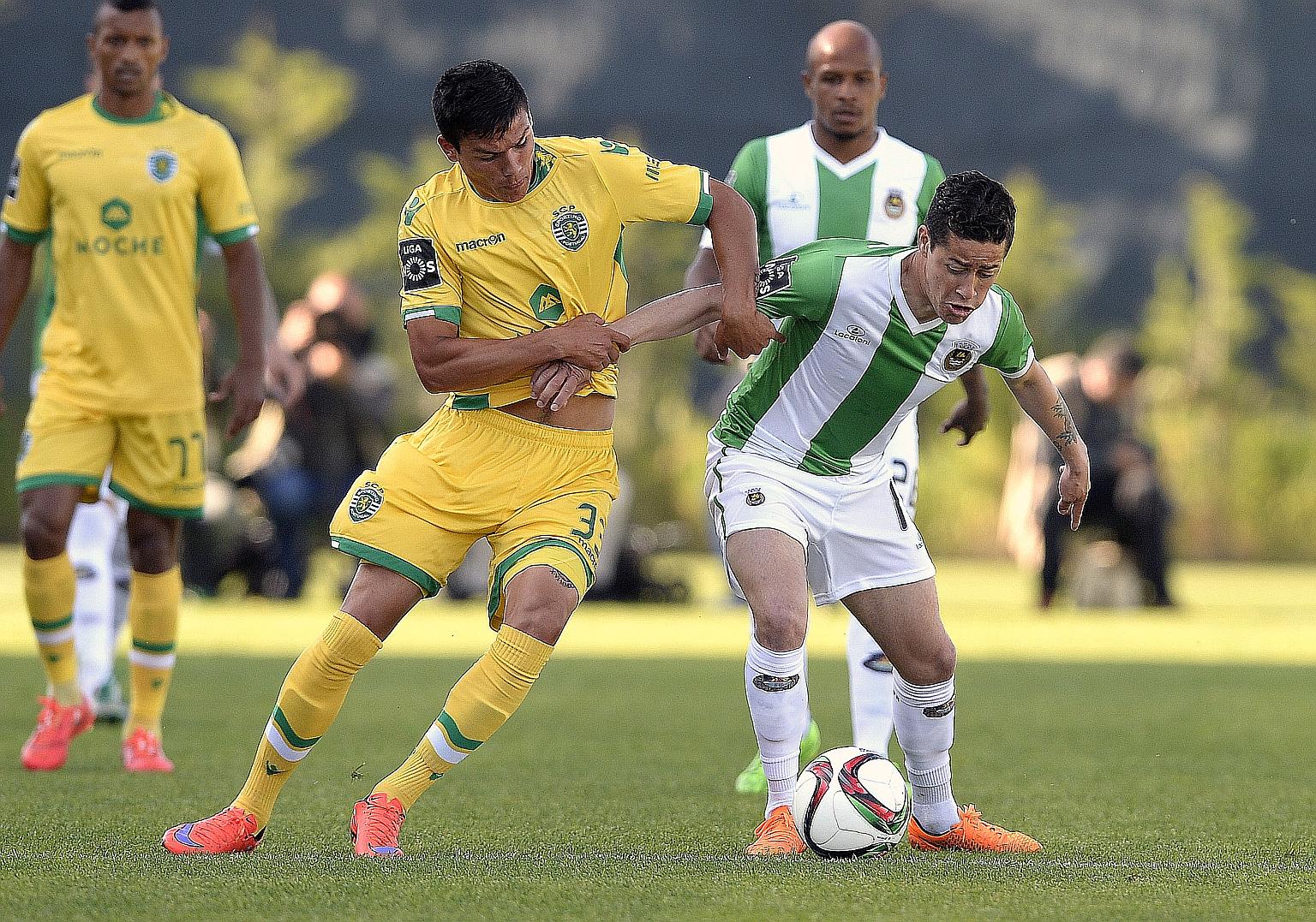 Brazilian midfielder Diego Lopes (right) on the ball for Rio Ave back in 2015 against Sporting defender Jonathan Silva. This is the first time an SPL side have paid a multi-million transfer fee for a player from a prominent European team.