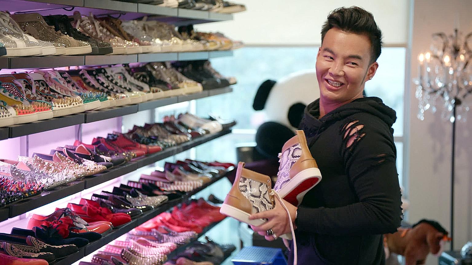 Kane Lim at home in Los Angeles with his collection of designer footwear.