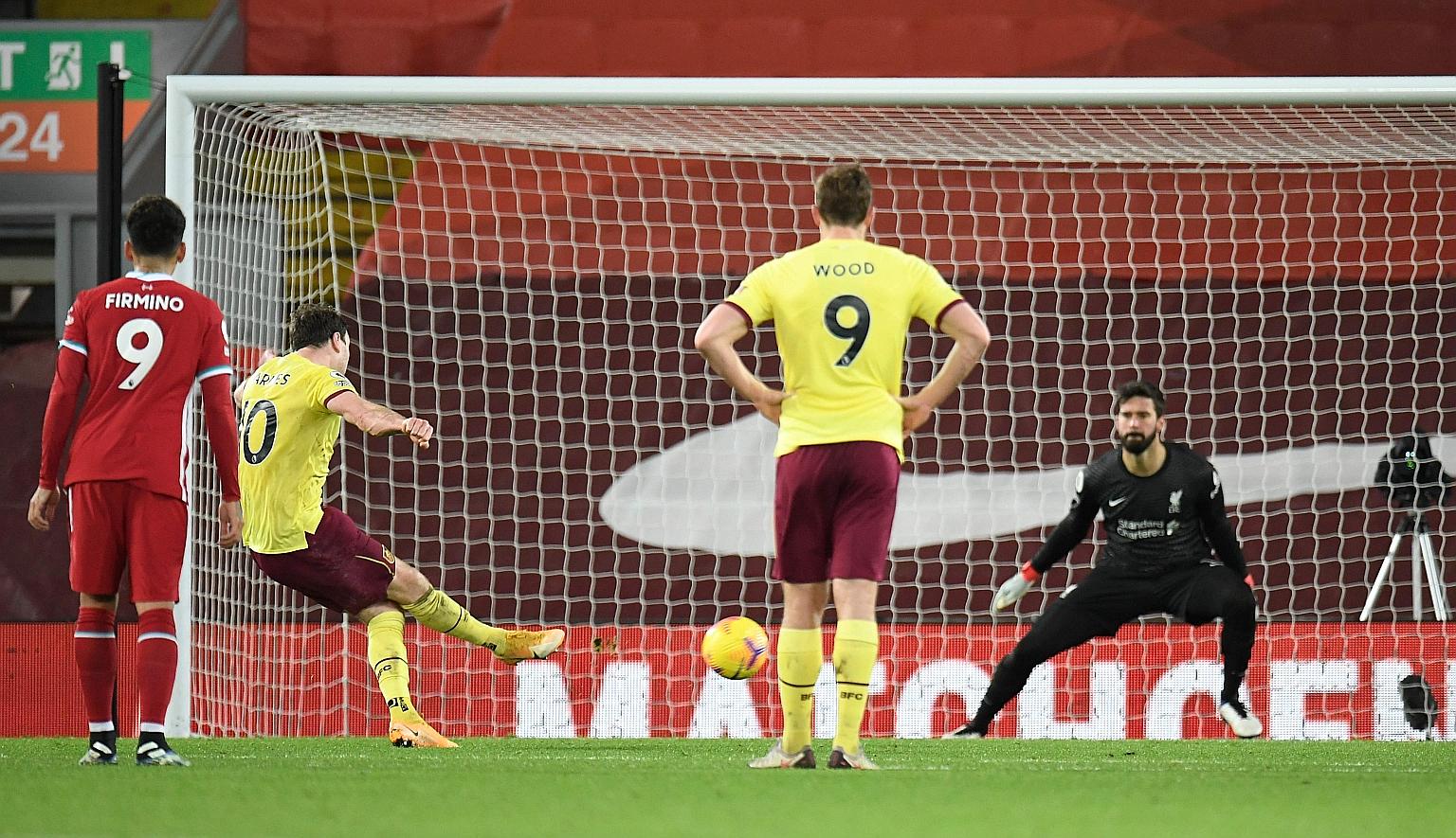 Ashley Barnes slotting in his penalty to give Burnley a 1-0 Premier League victory over Liverpool at Anfield on Thursday. It was the Reds' first home loss in the EPL since Crystal Palace won 2-1 in April 2017.
