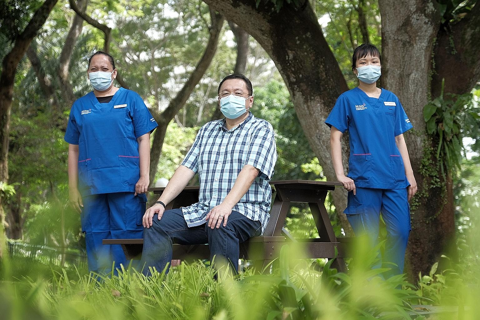 Mr Ben Ng, who caught Covid-19 last year and spent 13 days in the intensive care unit at Alexandra Hospital, this week reunited with senior staff nurse Ong Chia Yee (far right) and nurse clinician Maryana Mohamed, who both cared for him during his or