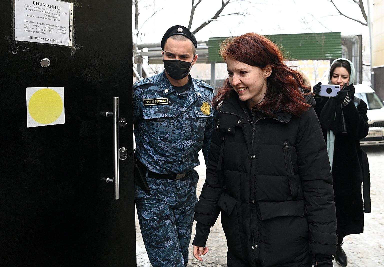 Kremlin critic Alexei Navalny's spokesman Kira Yarmysh entering the Savyolovsky district court prior to a hearing into her case in Moscow yesterday. She is one of several allies of Navalny who have been detained by police ahead of planned protests th