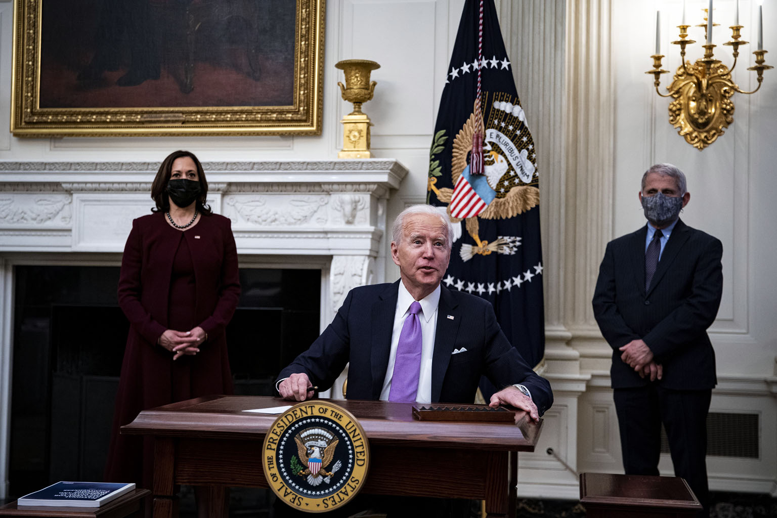 United States President Joe Biden speaking about his administration's response to Covid-19 at the White House on Thursday. He is joined by Vice-President Kamala Harris and National Institute of Allergy and Infectious Diseases director Anthony Fauci. 